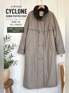 Vintage Cyclone Long Down Puffer Coat Sz 14 Taupe Gray Winter Jacket Full Length